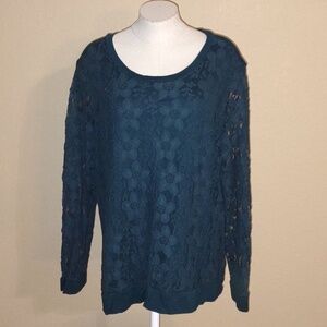 Adrianna Papell Forest Green Floral Lace Long Sleeve Blouse Top Size XXL